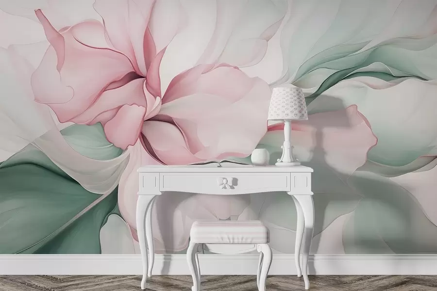 fototapeter Flytende abstrakte blomsterblader i gjennomskinnelige og lagdelte former i pastellfarger, i rosa og grønne nyanser w08701v1