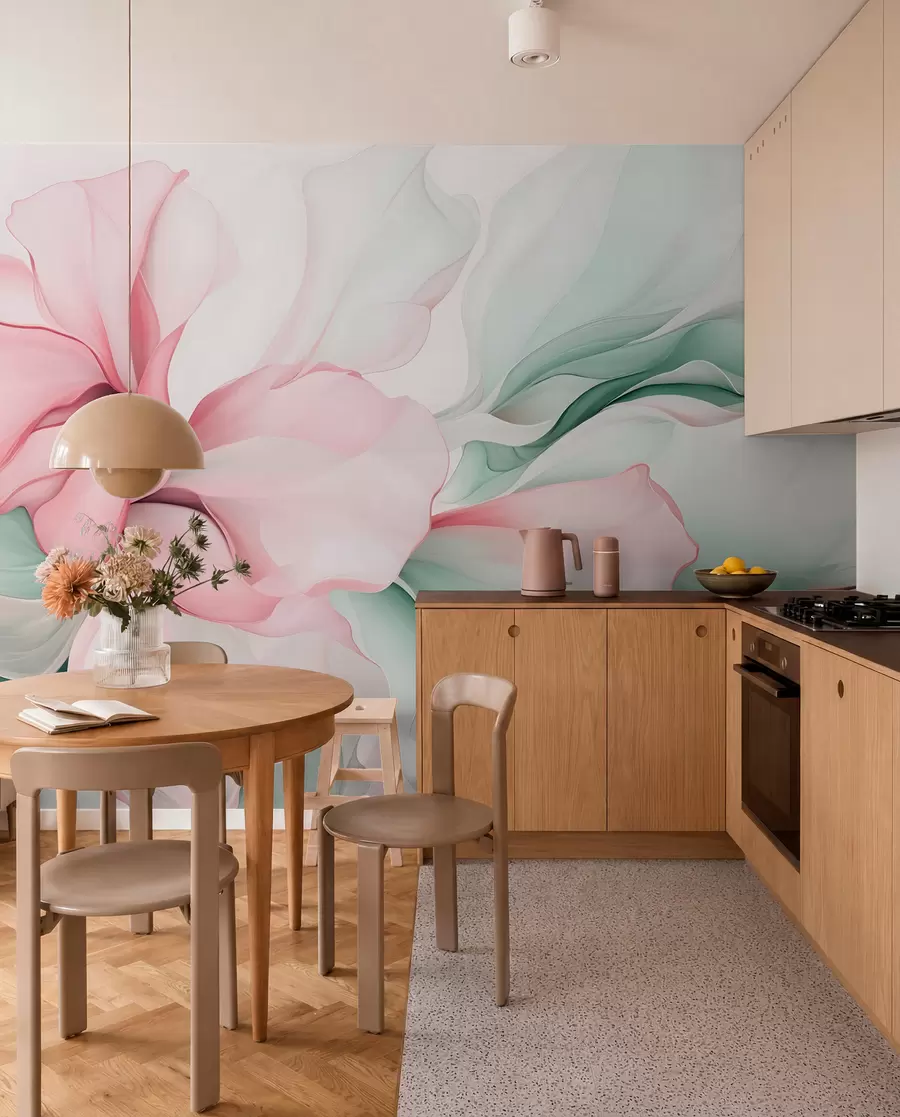 fototapeter Flytende abstrakte blomsterblader i gjennomskinnelige og lagdelte former i pastellfarger, i rosa og grønne nyanser w08701v1