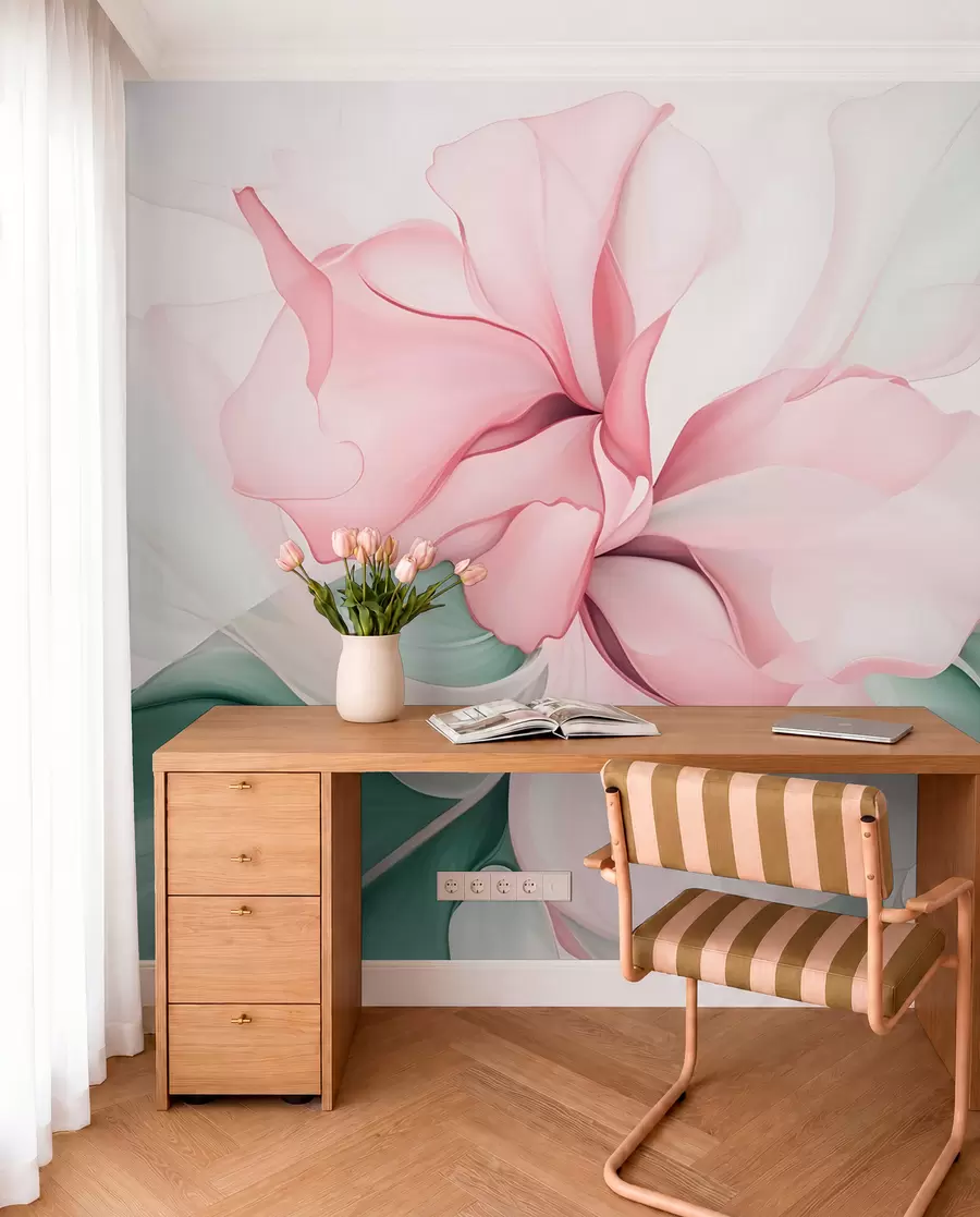 fototapeter Flytende abstrakte blomsterblader i gjennomskinnelige og lagdelte former i pastellfarger, i rosa og grønne nyanser w08701v1