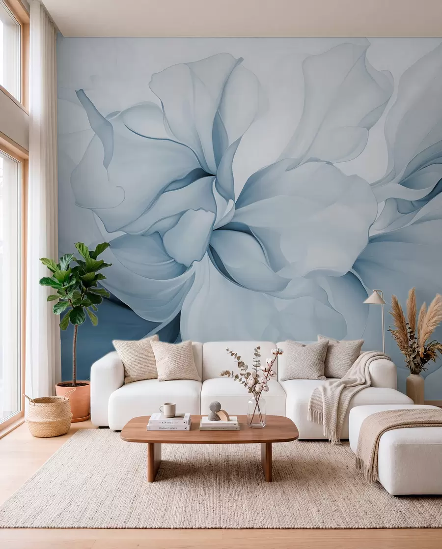 fototapeter Flytende abstrakte blomsterblader i pastellfarger, gjennomskinnelige og lagdelte former i blå nyanser w08701v2
