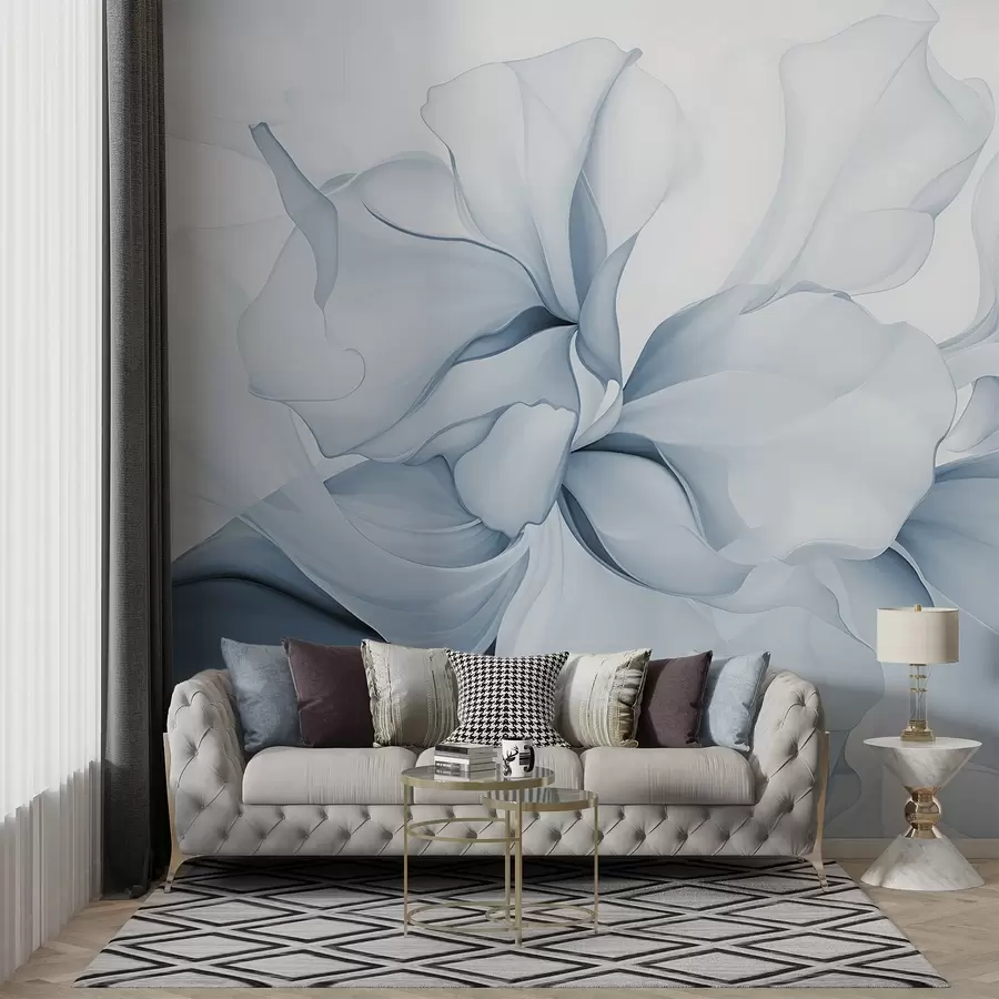 fototapeter Flytende abstrakte blomsterblader i pastellfarger, gjennomskinnelige og lagdelte former i blå nyanser w08701v2