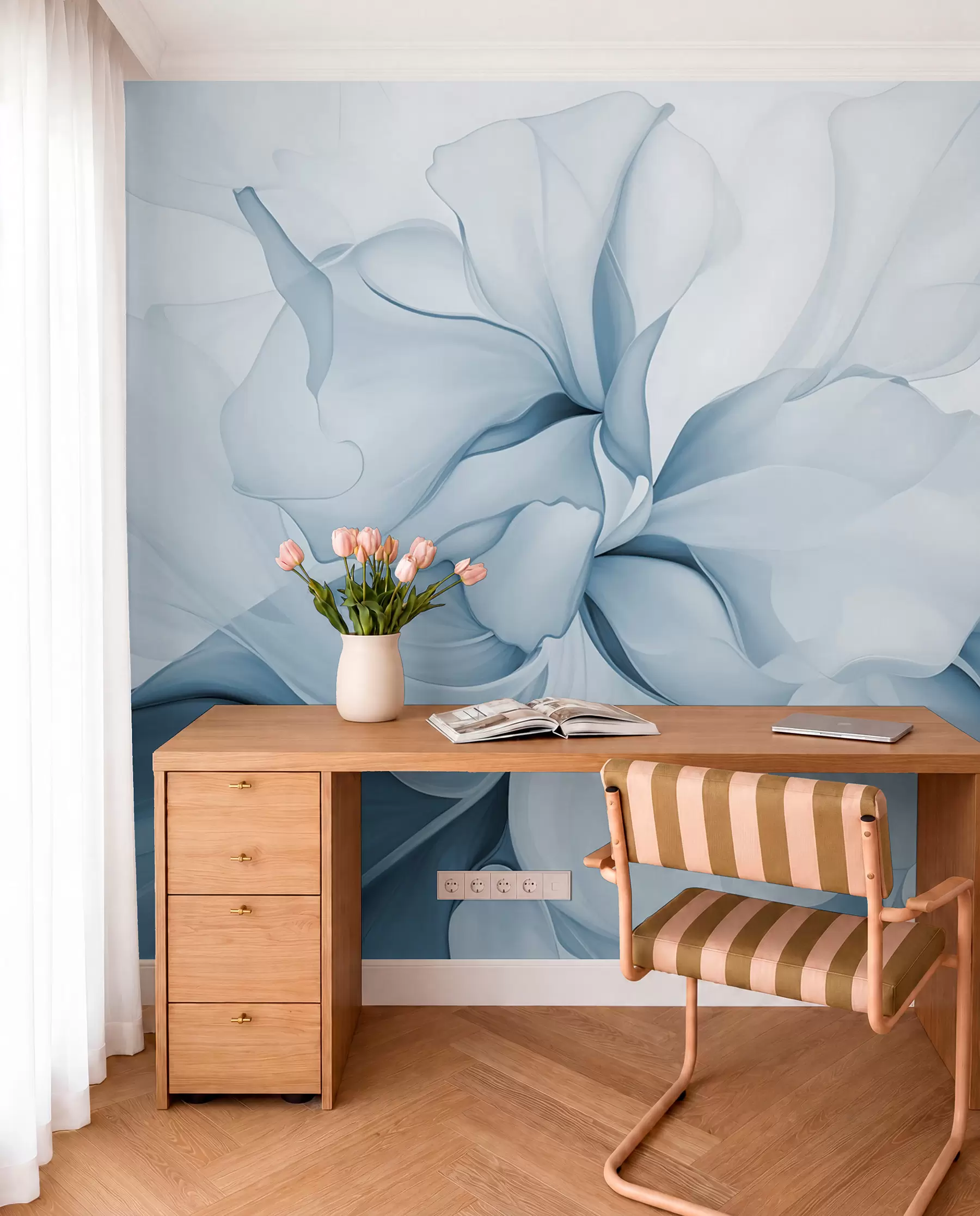fototapeter Flytende abstrakte blomsterblader i pastellfarger, gjennomskinnelige og lagdelte former i blå nyanser w08701v2