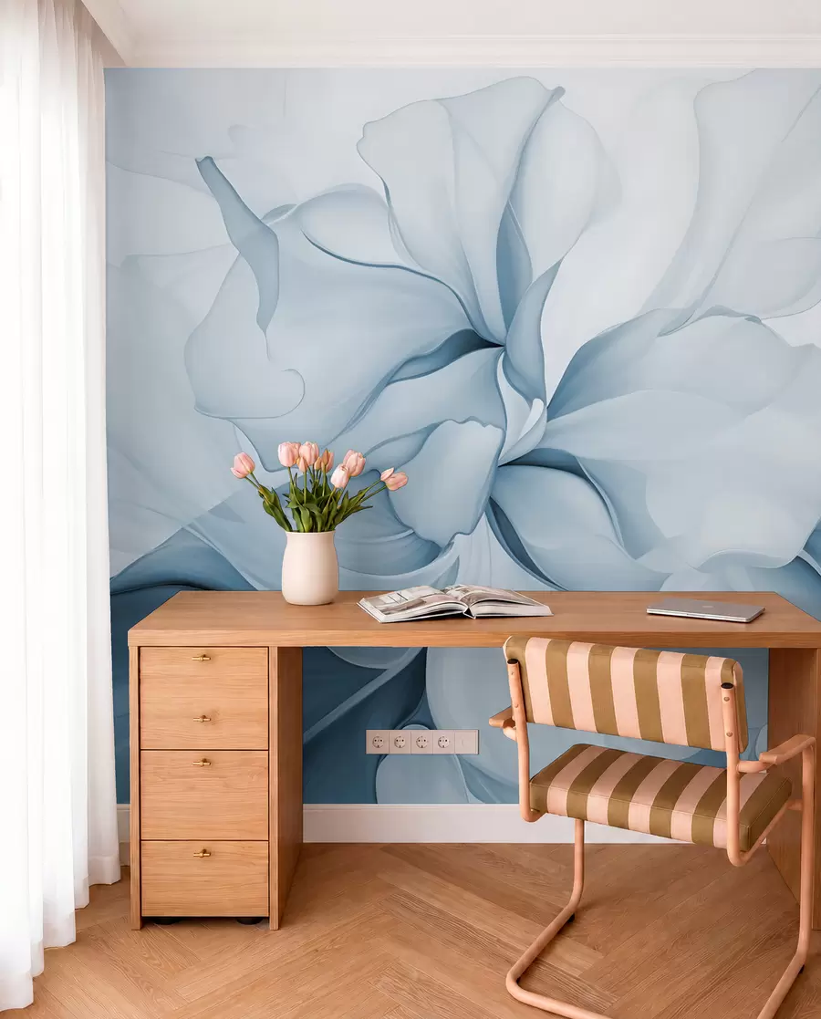 fototapeter Flytende abstrakte blomsterblader i pastellfarger, gjennomskinnelige og lagdelte former i blå nyanser w08701v2