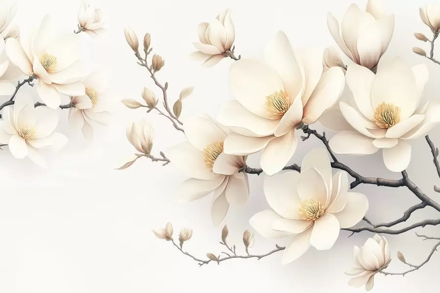 fototapeter Vakre, blomstrende kremfargede magnoliablomster på hvit bakgrunn w08721