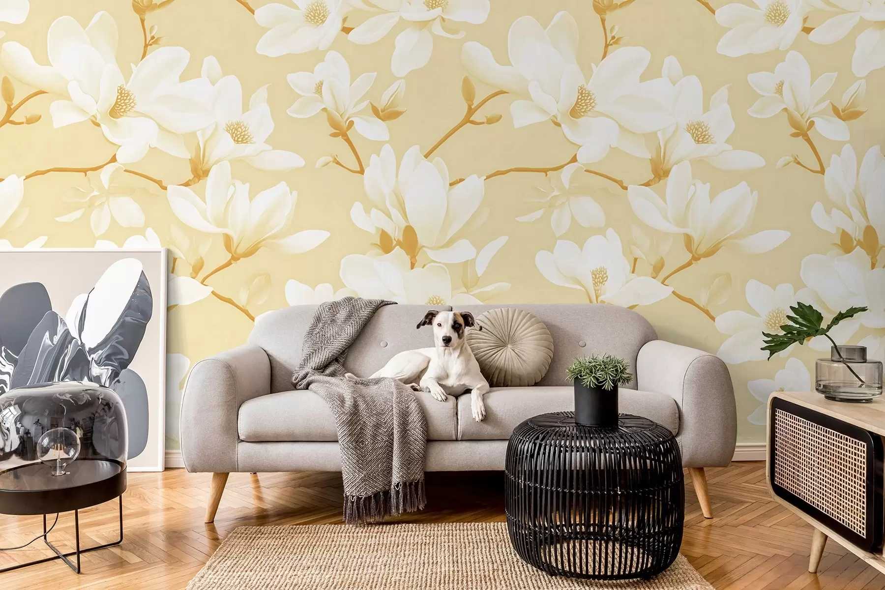 fototapeter Mønster av hvite magnoliablomster, i gule nyanser, hvite blader og grener w08726v3