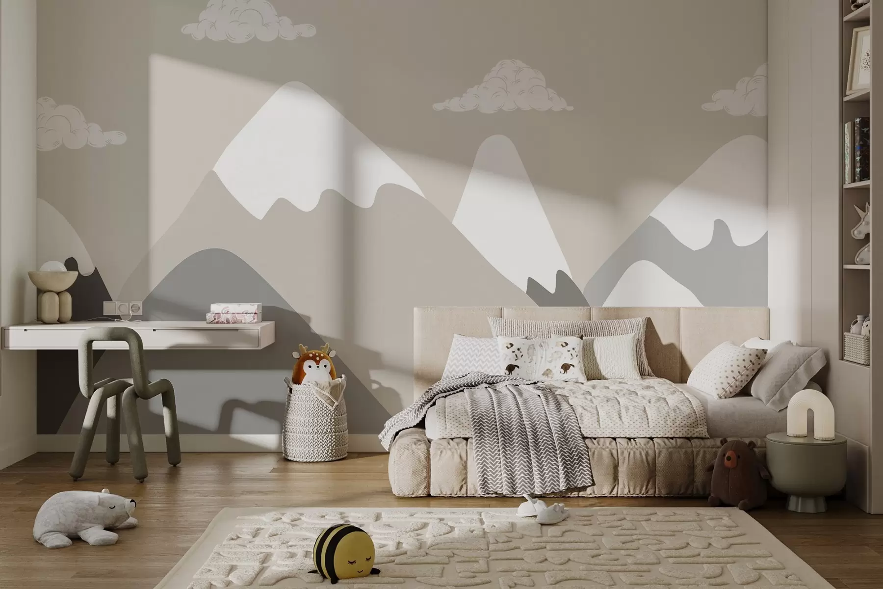 fototapeter Minimalistisk fjellandskap med snødekte fjelltopper i rolige gråbeige toner, supplert av myke, hvite skyer w03040v1