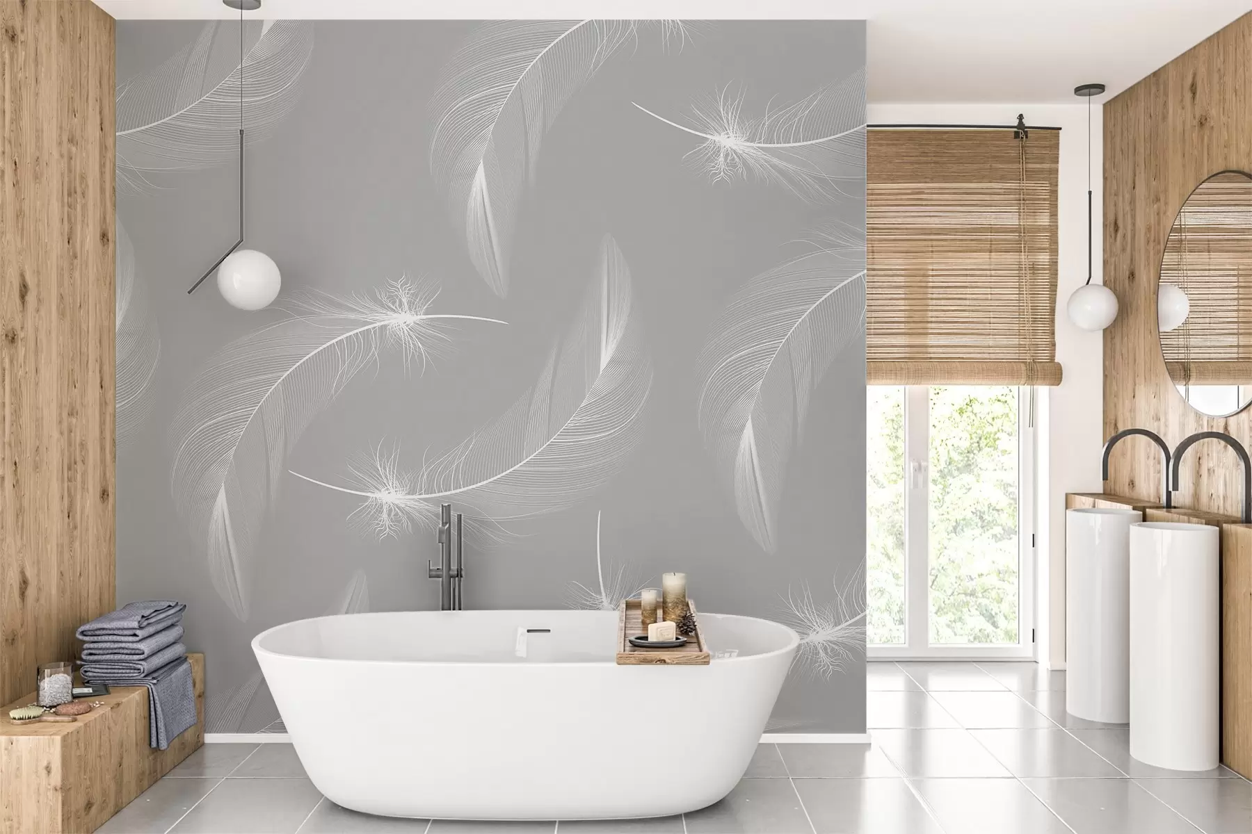 fototapeter Fjær på grå bakgrunn, lyse hvite fjær w03043v1