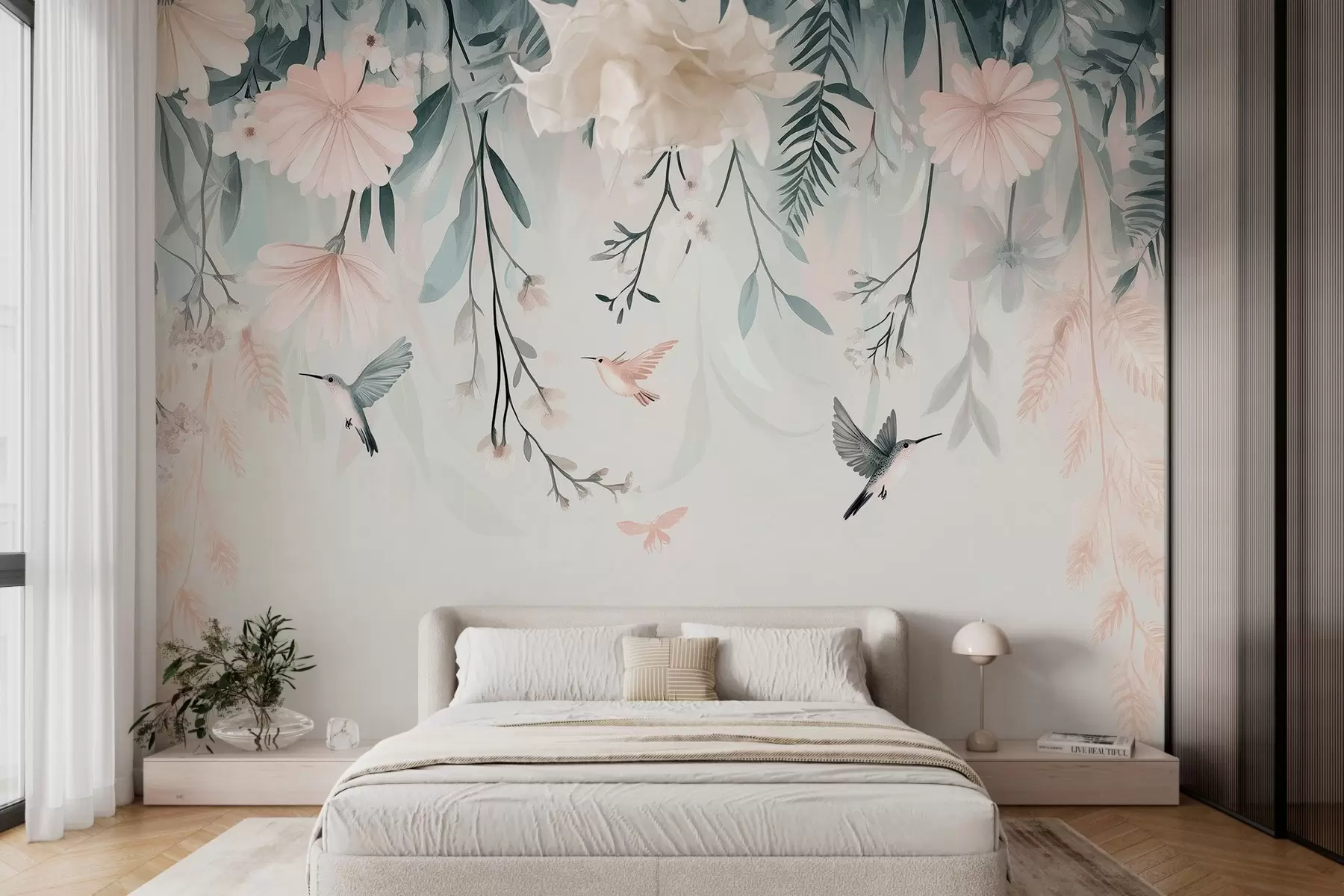 fototapeter rosa blomster i imitasjon av maleteknikk som henger ovenfra w03012