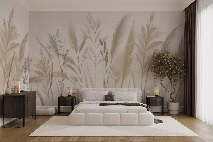 fototapeter Høye, delikate gress, pigger og planter i myke beige og kremfargede toner, mot en lett uskarp bakgrunn w08736