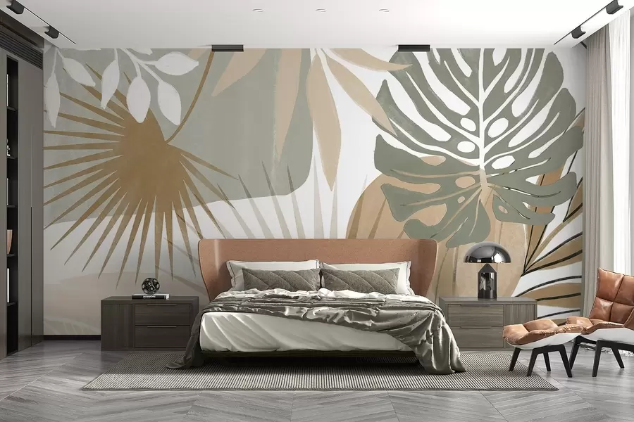 fototapeter Abstrakt design med ulike tropiske blader i jordnære toner av grønt, beige og kremfarget  w08738v1