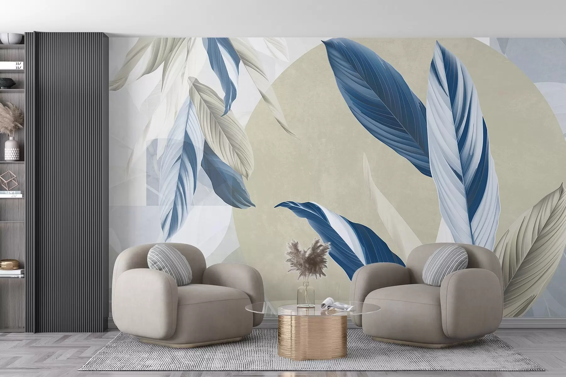 fototapeter Moderne og abstrakt geometrisk teksturkomposisjon med detaljerte blader i nyanser av blått, beige og hvitt w08741