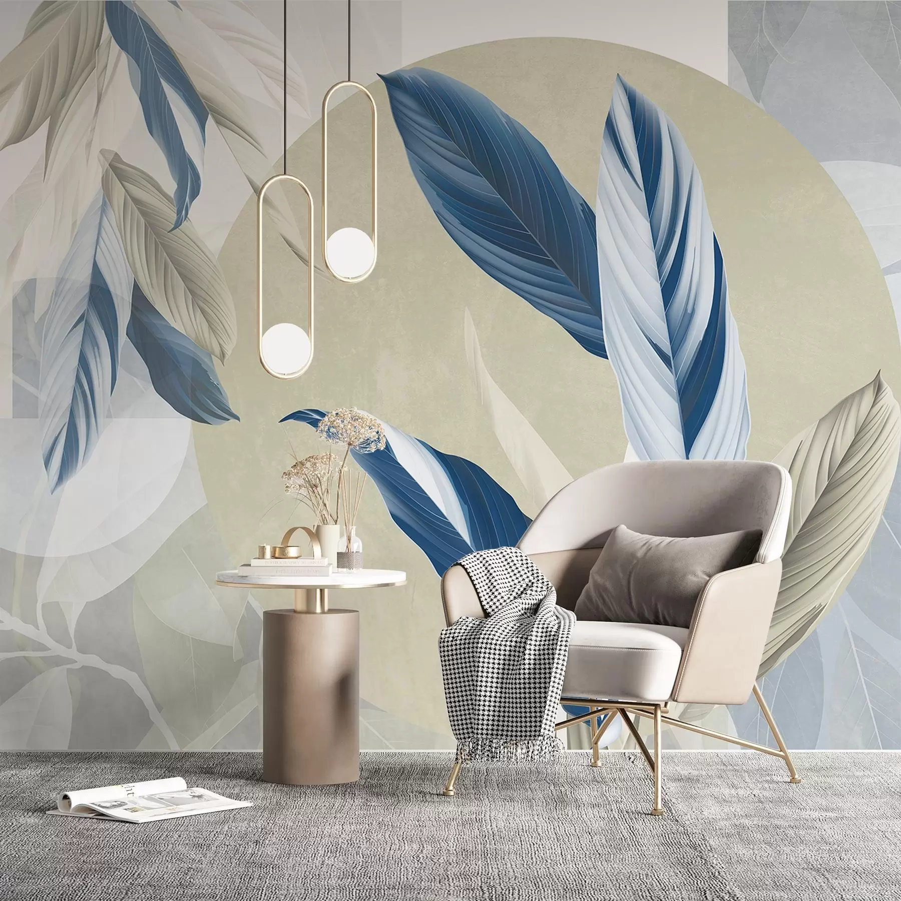 fototapeter Moderne og abstrakt geometrisk teksturkomposisjon med detaljerte blader i nyanser av blått, beige og hvitt w08741