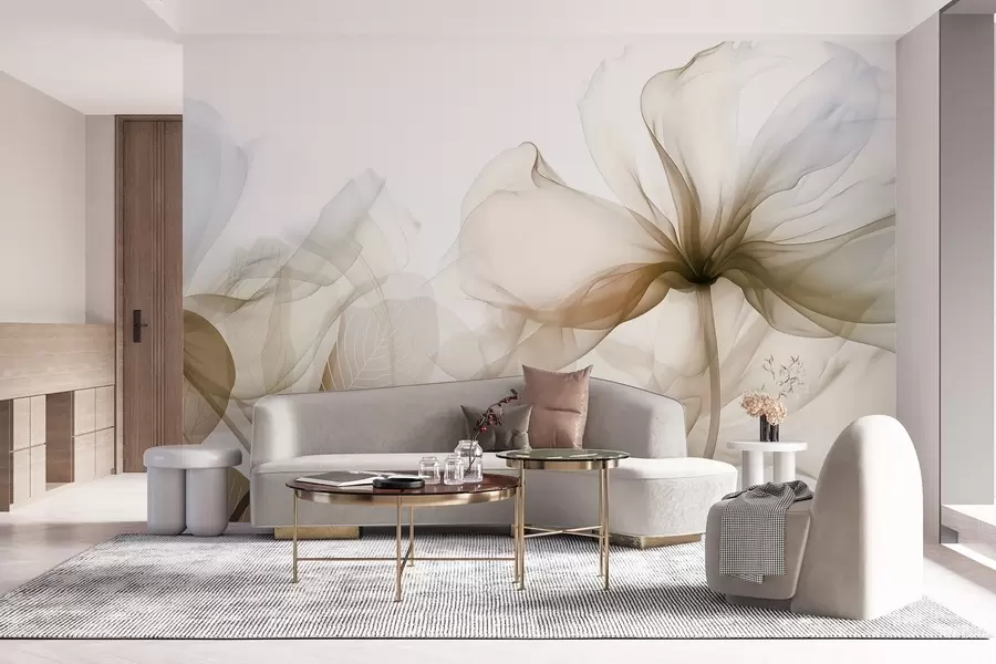 fototapeter Brune, abstrakte blomster med myke, gjennomskinnelige kronblader og delikate detaljer, mot en hvit bakgrunn w08742v1