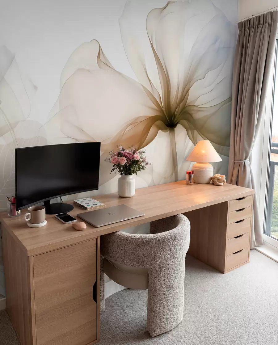 fototapeter Brune, abstrakte blomster med myke, gjennomskinnelige kronblader og delikate detaljer, mot en hvit bakgrunn w08742v1