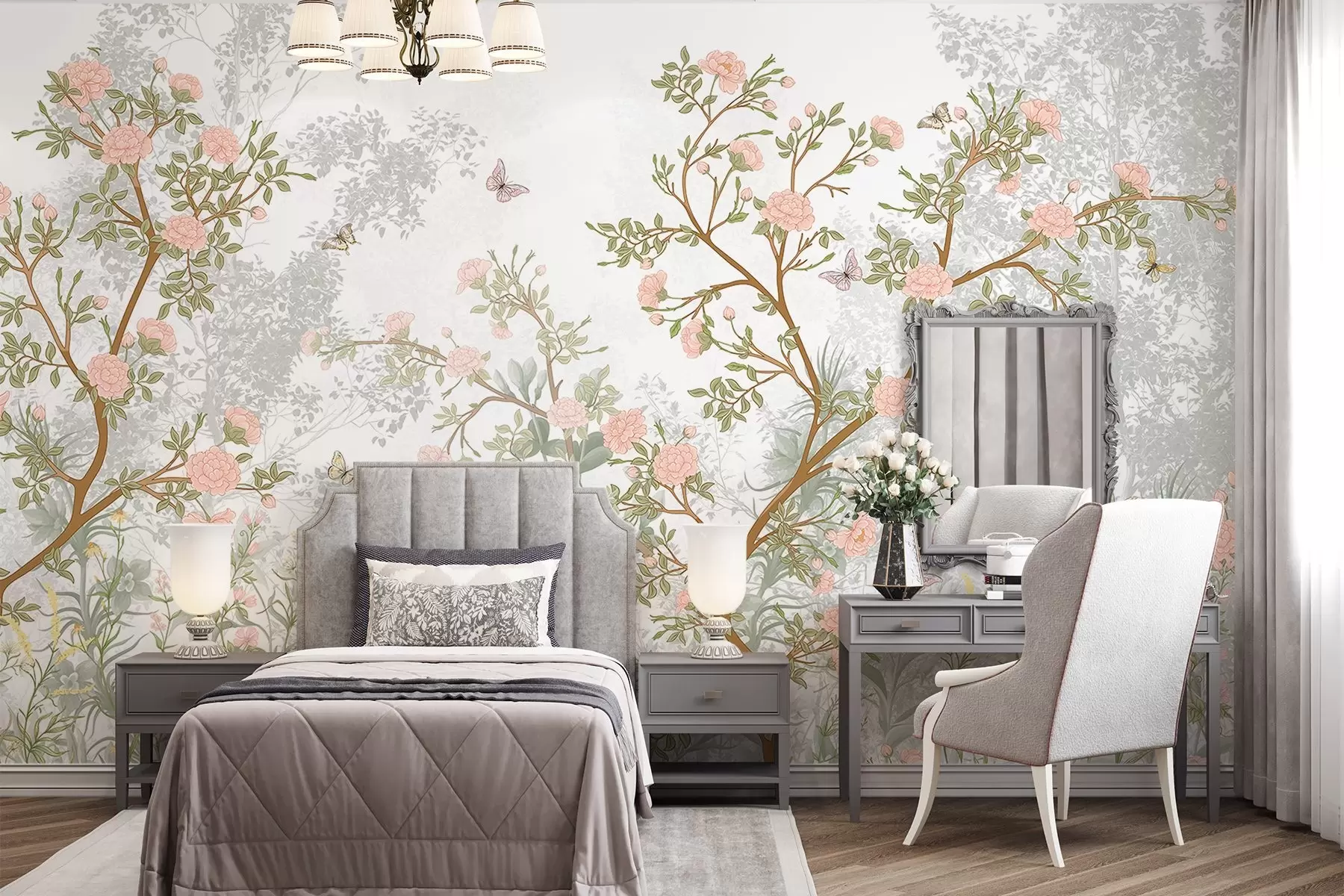 fototapeter Sarte, rosa blomstrende trær, flygende sommerfugler og grønne blader flettet sammen med slanke grener  w08744