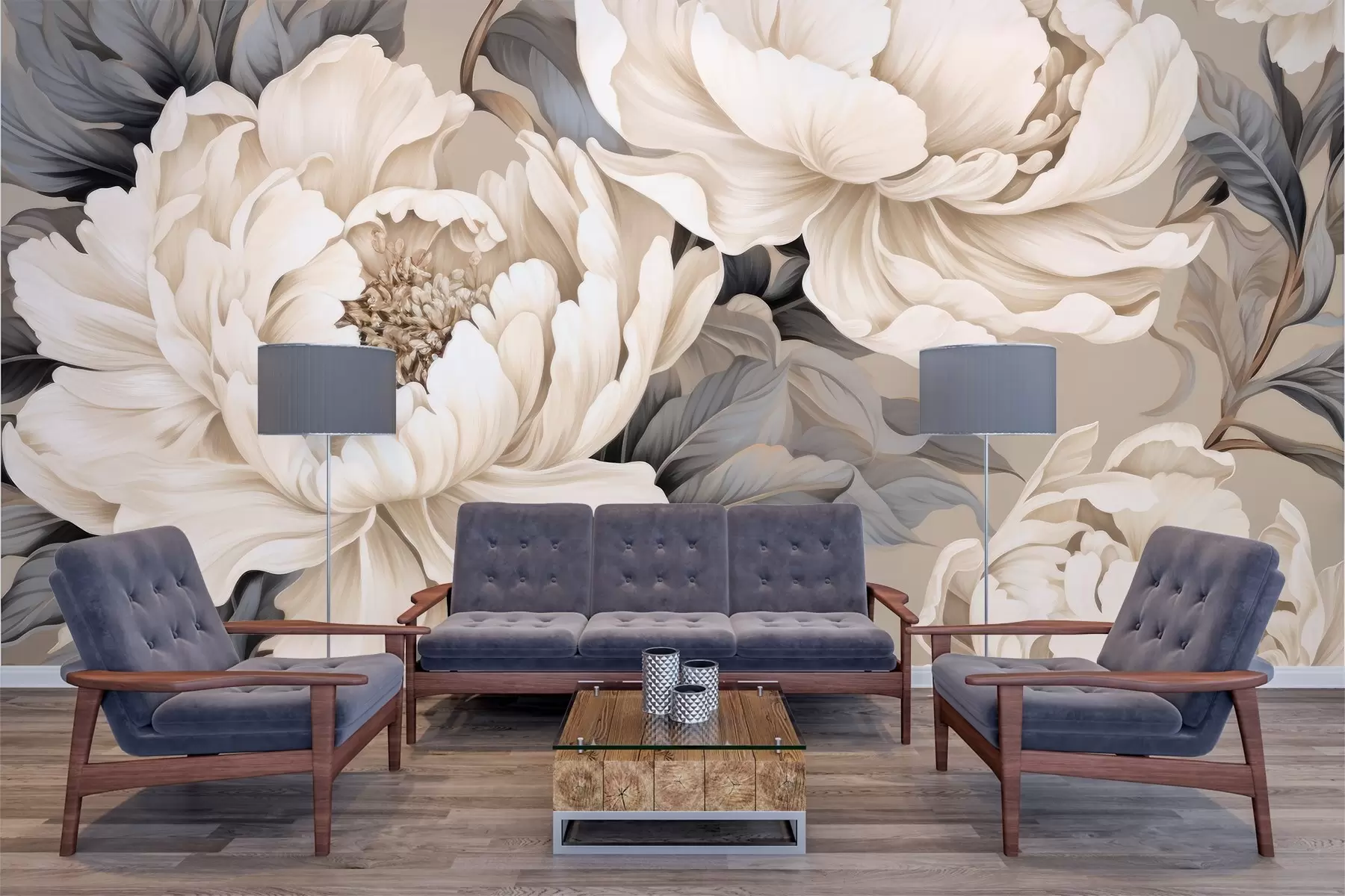 fototapeter Elegante kremfargede peoner med detaljerte kronblader og gråblå blader på en varm bakgrunn w03077