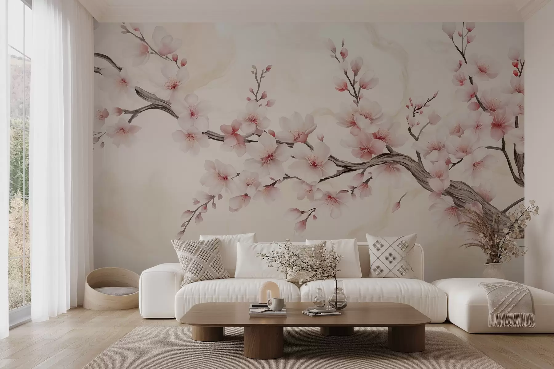 fototapeter En delikat kirsebærblomstgren med sartrosa blomster på en lys bakgrunn w03079