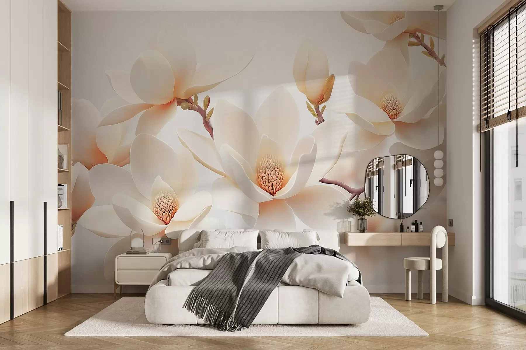 fototapeter Blomstrende kremfargede magnoliablomster på hvit bakgrunn w08745