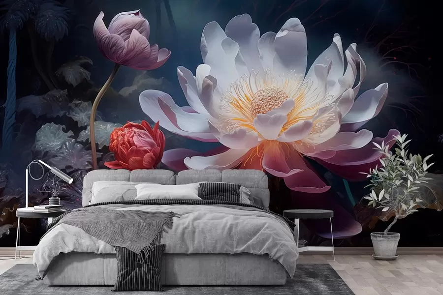 fototapeter Fantastiske blomster som blomstrer i en eventyrlig mørk atmosfære w08747