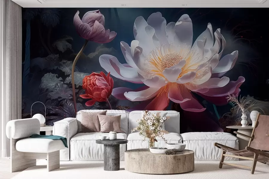 fototapeter Fantastiske blomster som blomstrer i en eventyrlig mørk atmosfære w08747
