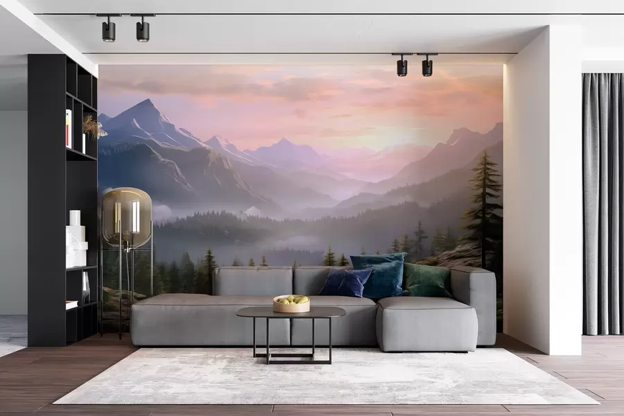 fototapeter Rolig fjellandskap ved daggry med myk tåke mot et skogsbakgrunn w08750