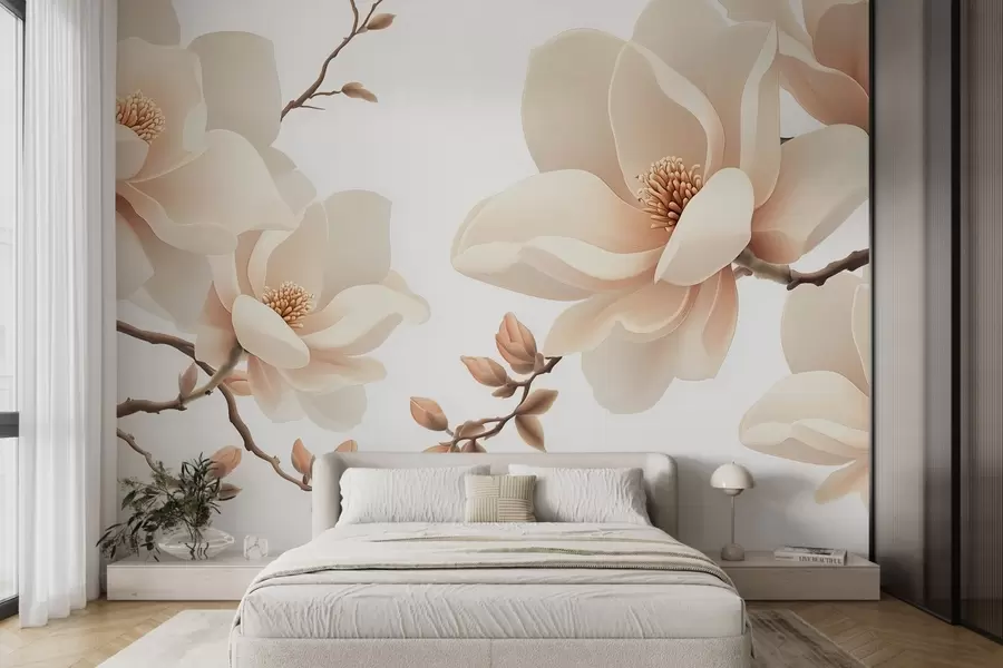 fototapeter Kremfargede magnoliagrener på hvit bakgrunn w08755