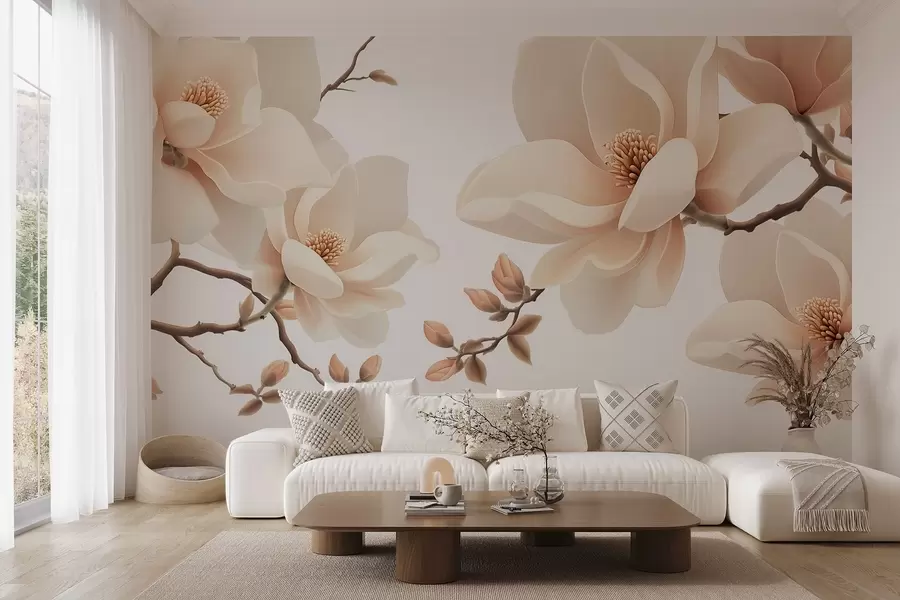 fototapeter Kremfargede magnoliagrener på hvit bakgrunn w08755