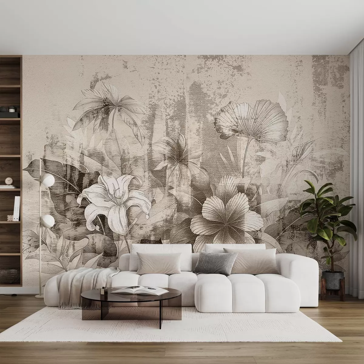 fototapeter Vintagedesign med eksotiske blomster og planter w08767v2