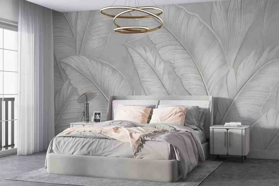 fototapeter Store tropiske blader med detaljerte strukturer i en monokromatisk lysegrå farge i loftstil  w08772