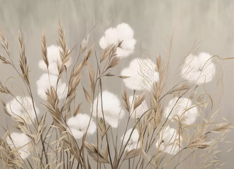 fototapeter Myke, myke, hvite bomullsblomster og høye, oransje gresspigger mot en beige bakgrunn med dempet struktur w08784