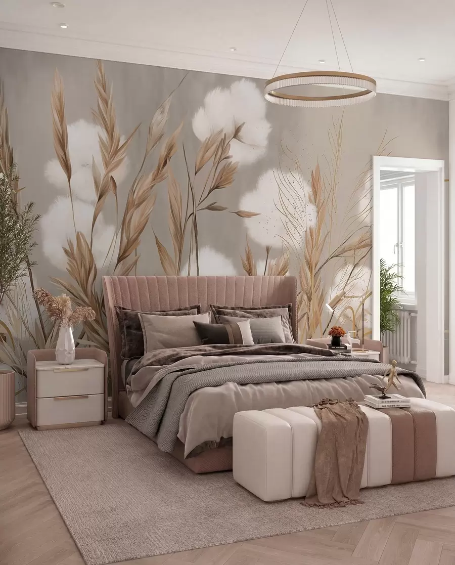 fototapeter Myke, myke, hvite bomullsblomster og høye, oransje gresspigger mot en beige bakgrunn med dempet struktur w08784