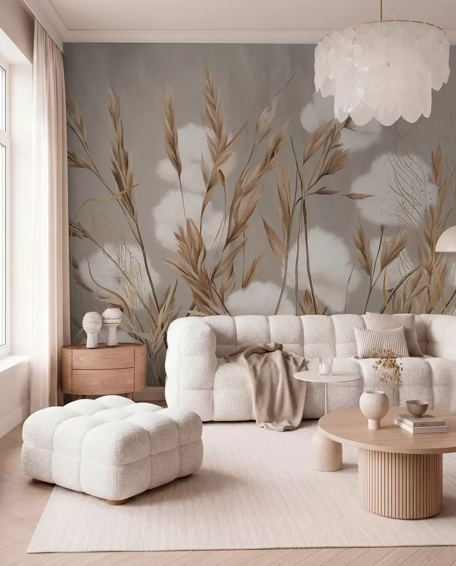 fototapeter Myke, myke, hvite bomullsblomster og høye, oransje gresspigger mot en beige bakgrunn med dempet struktur w08784