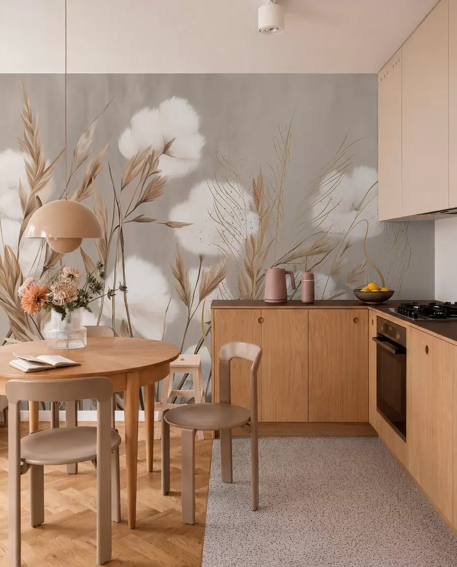 fototapeter Myke, myke, hvite bomullsblomster og høye, oransje gresspigger mot en beige bakgrunn med dempet struktur w08784