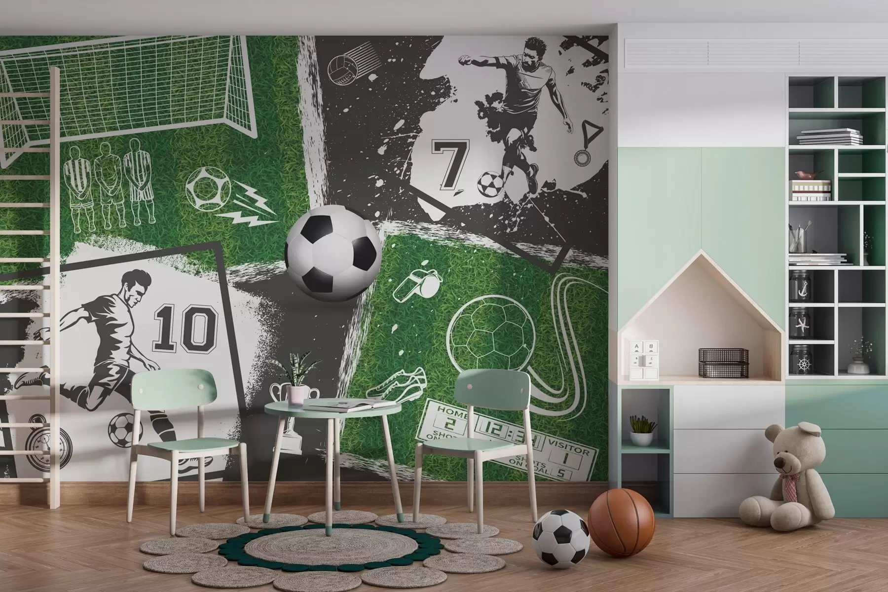 fototapeter Fotballspillere, ball og bane w03121