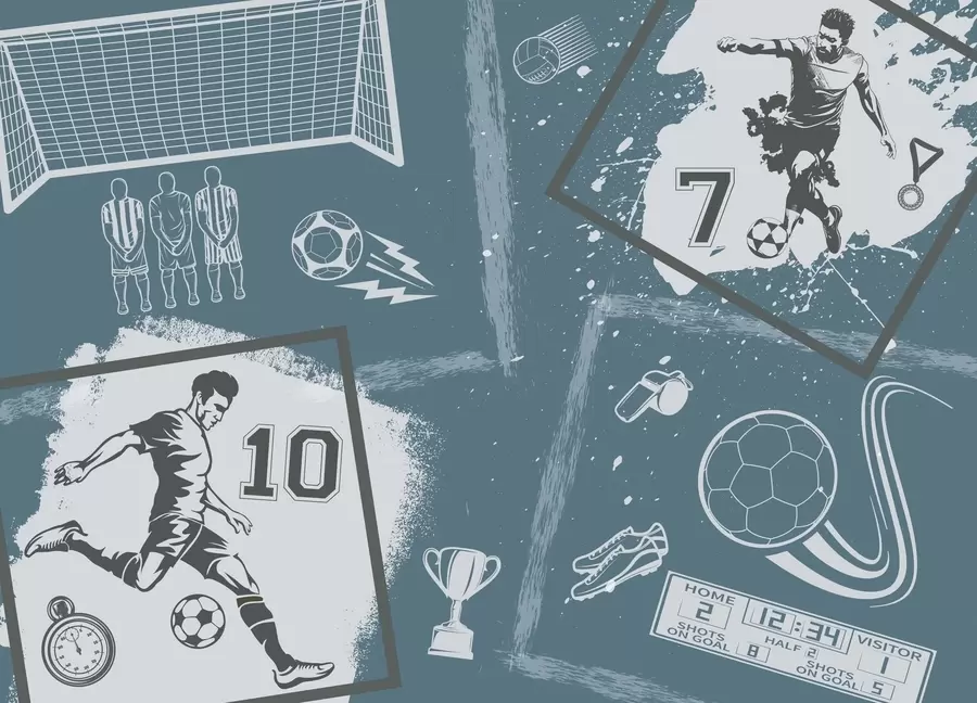 fototapeter Fotballspillere, ball og andre fotballattributter i blåtoner w03122