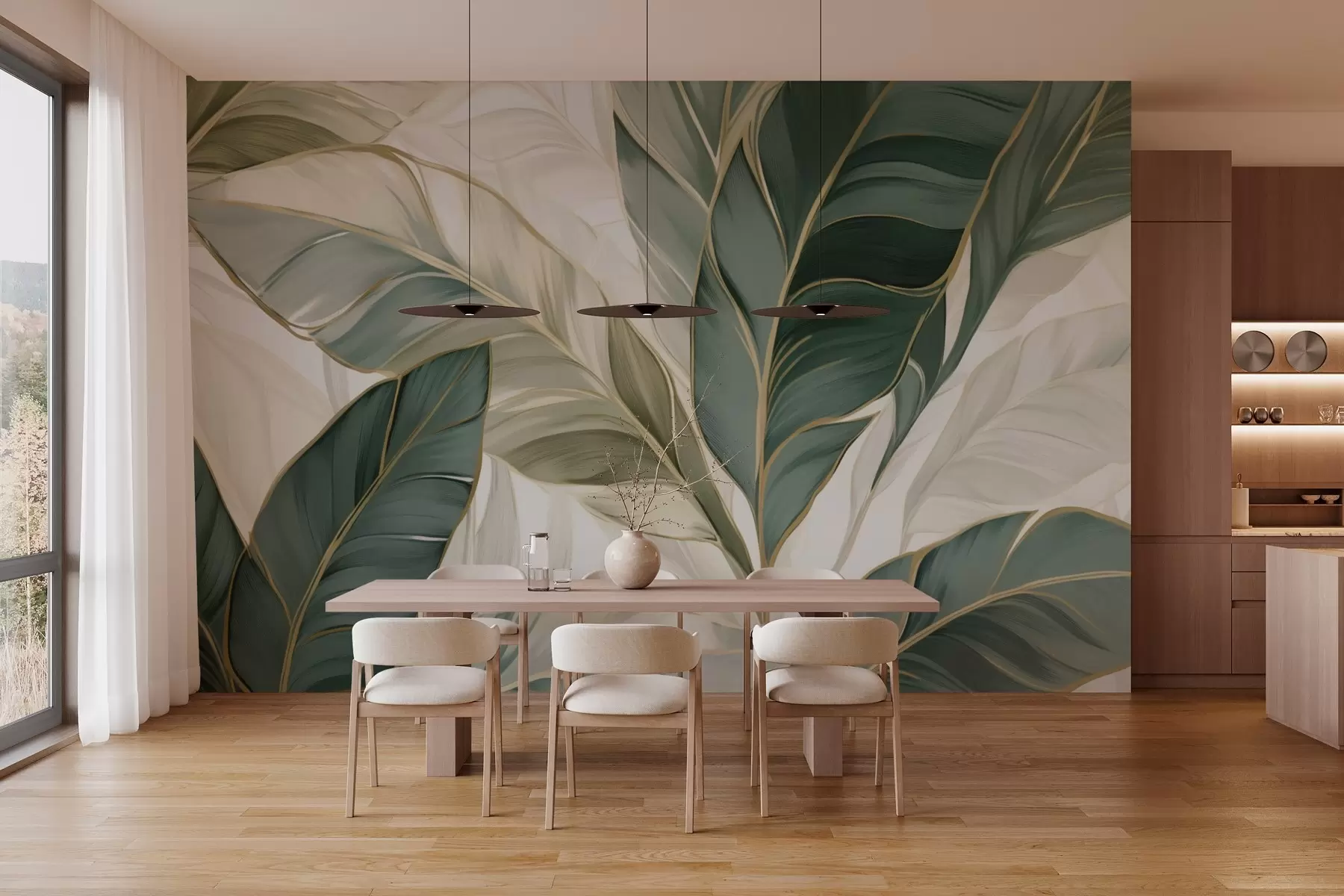 fototapeter Grønne tropiske blader på grå og hvit bakgrunn w03124