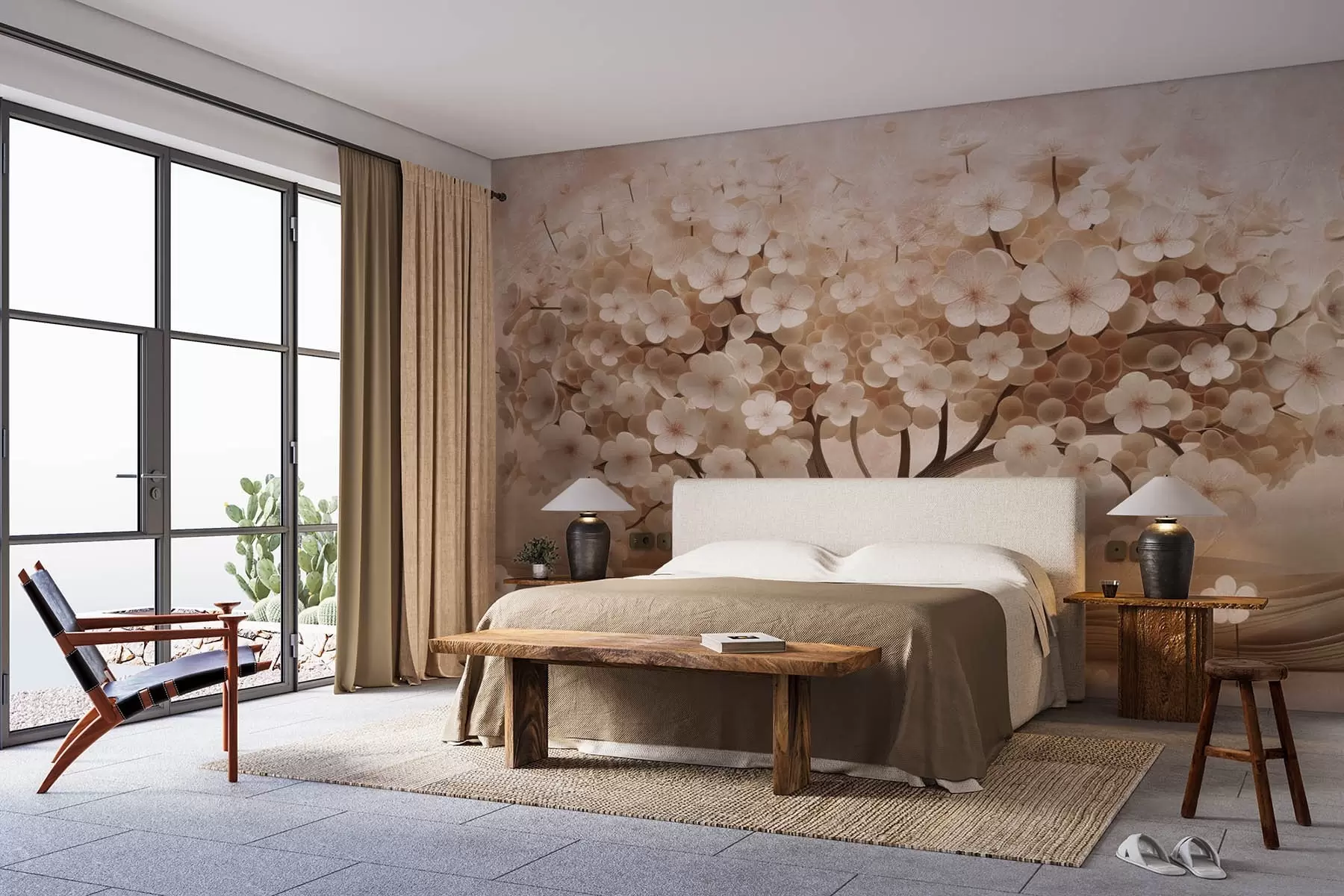 fototapeter Abstrakt tre med små blomster på bakgrunn av en gammel vegg w08794