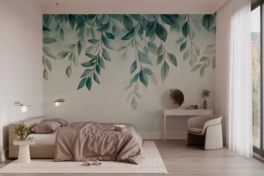 fototapeter grønne blader i akvarellstil som henger fra toppen w03024