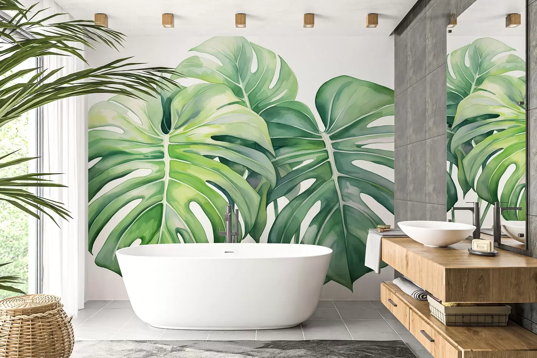 fototapeter Store monstera-blader, tropiske planter, akvarellstil tegning, grønne farger w03151