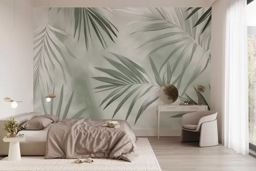 fototapeter Abstraksjon av tropiske blader, palmetre, grønn fargepalett  w03153v2