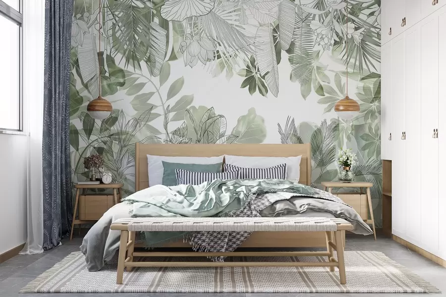 fototapeter Grønne tropiske planter og blader med jungeltrykk på hvit bakgrunn w08823