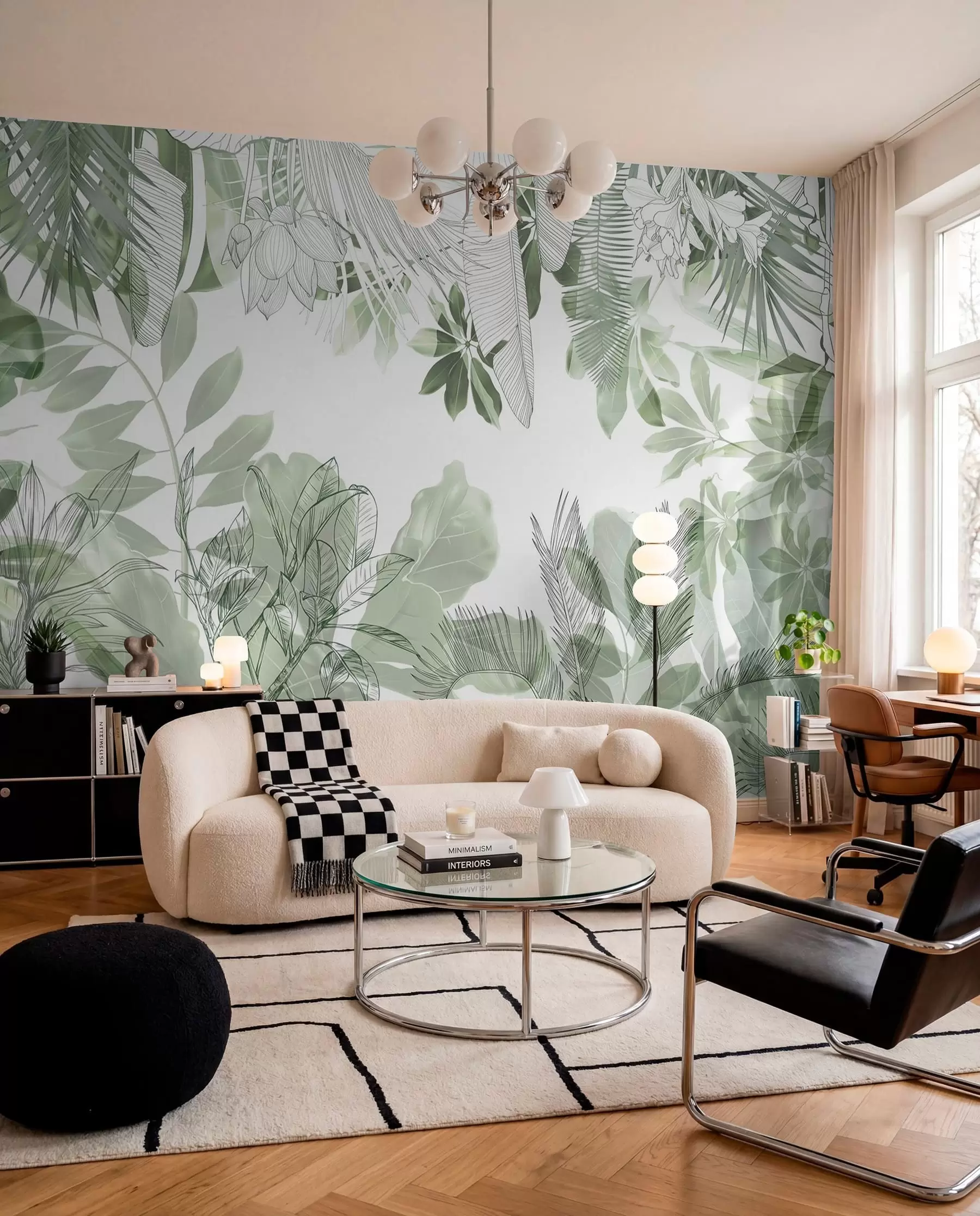 fototapeter Grønne tropiske planter og blader med jungeltrykk på hvit bakgrunn w08823