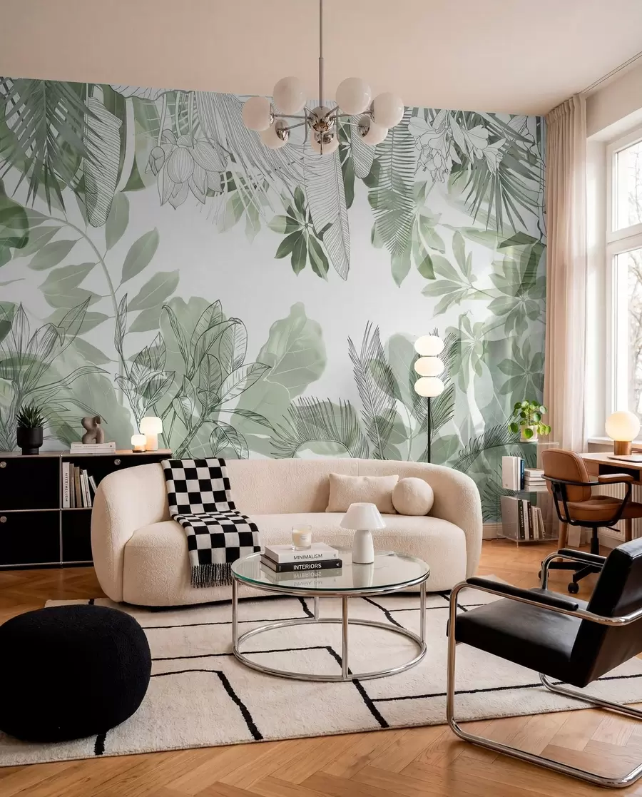 fototapeter Grønne tropiske planter og blader med jungeltrykk på hvit bakgrunn w08823