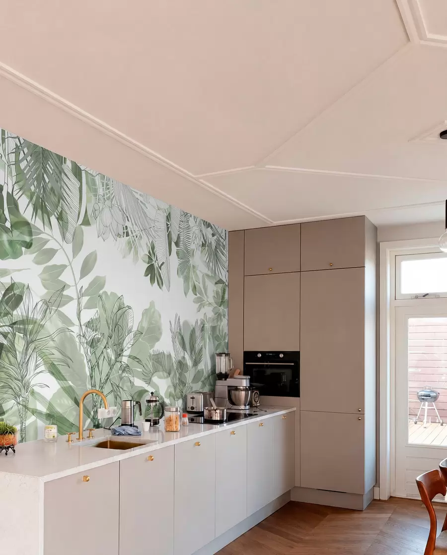 fototapeter Grønne tropiske planter og blader med jungeltrykk på hvit bakgrunn w08823