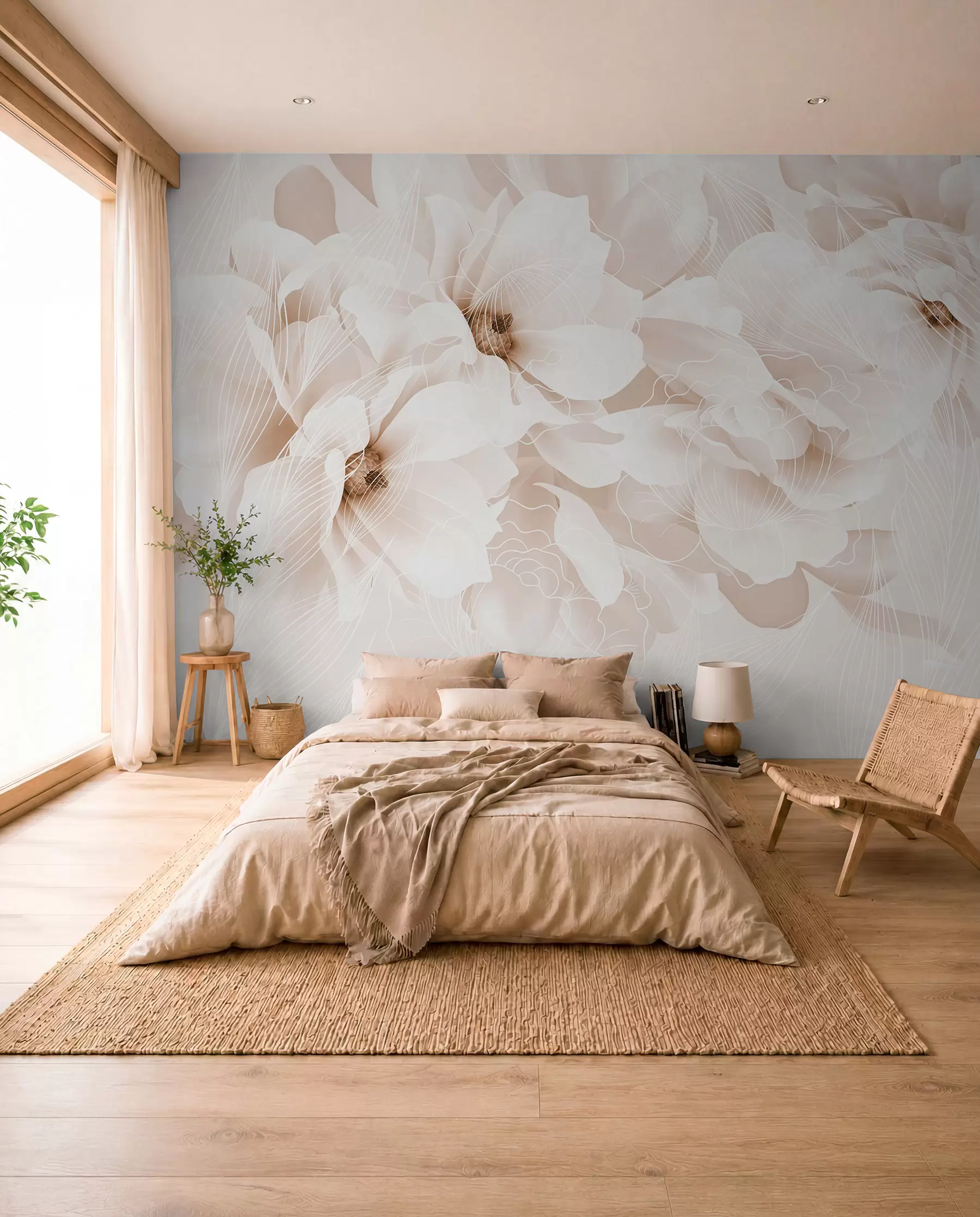 fototapeter Pastellfargede pionblomster med hvite og beige, delikate kronblader og hvite linjer på en lys beige bakgrunn w08826v1