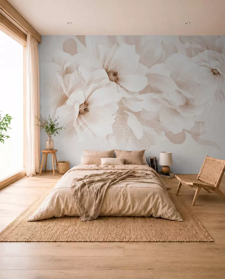 fototapeter Pastellfargede pionblomster med hvite og beige, delikate kronblader og hvite linjer på en lys beige bakgrunn w08826v1