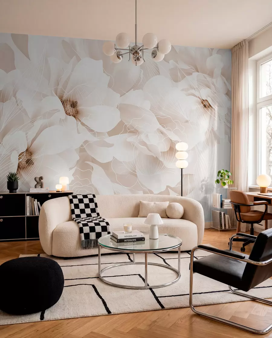fototapeter Pastellfargede pionblomster med hvite og beige, delikate kronblader og hvite linjer på en lys beige bakgrunn w08826v1