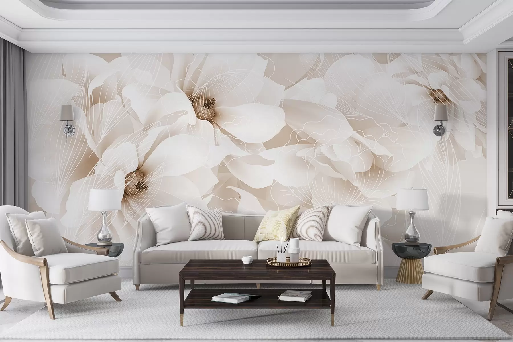 fototapeter Pastellfargede pionblomster med hvite og beige, delikate kronblader og hvite linjer på en lys beige bakgrunn w08826v1