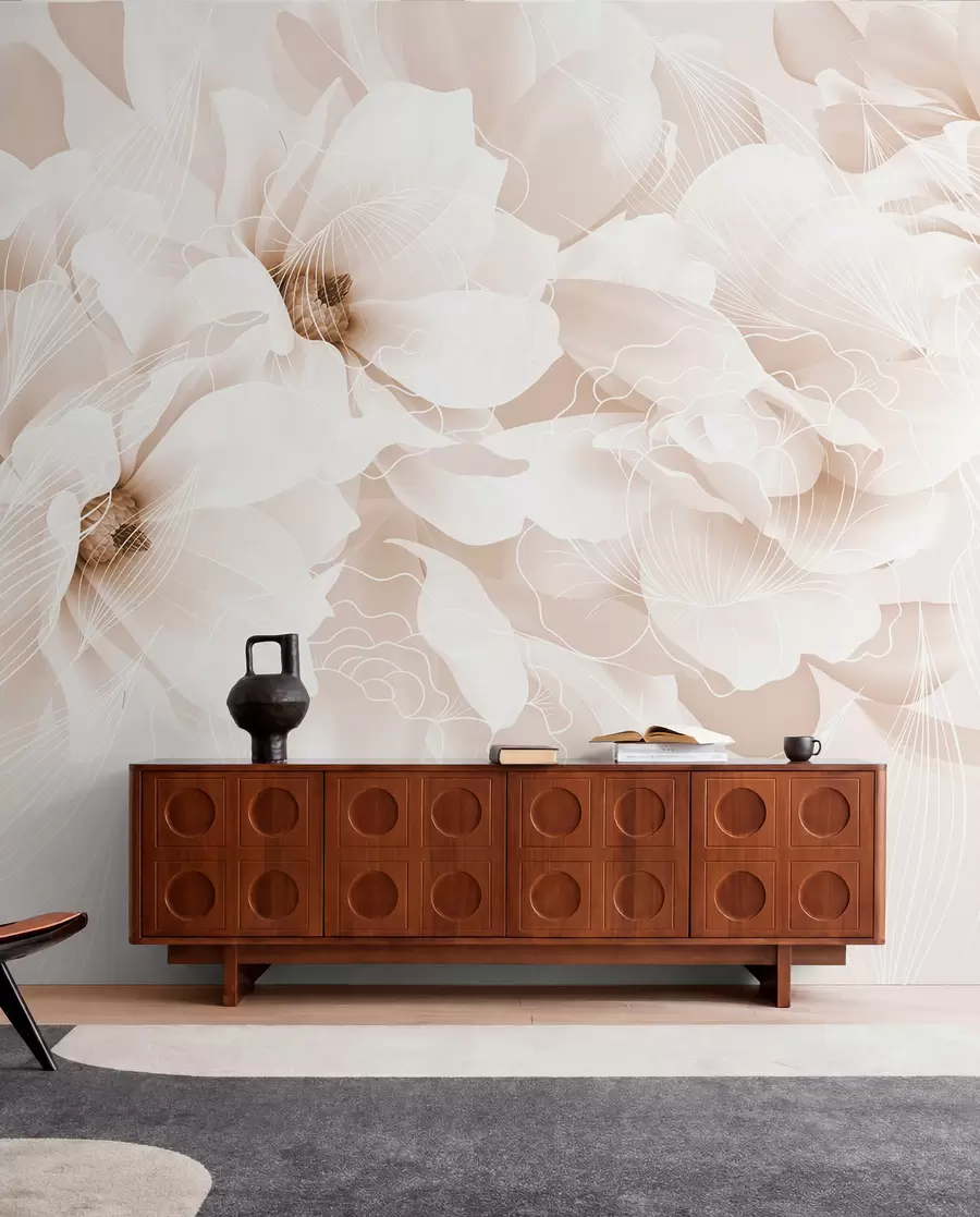 fototapeter Pastellfargede pionblomster med hvite og beige, delikate kronblader og hvite linjer på en lys beige bakgrunn w08826v1