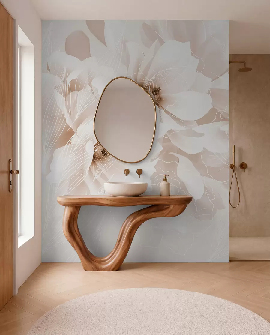 fototapeter Pastellfargede pionblomster med hvite og beige, delikate kronblader og hvite linjer på en lys beige bakgrunn w08826v1